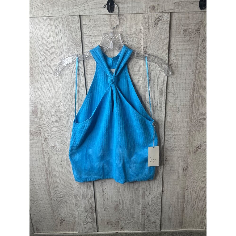 A. New Day Womens Blue Ribbed Halter Tank Top M 90% Cotton Summer Casual